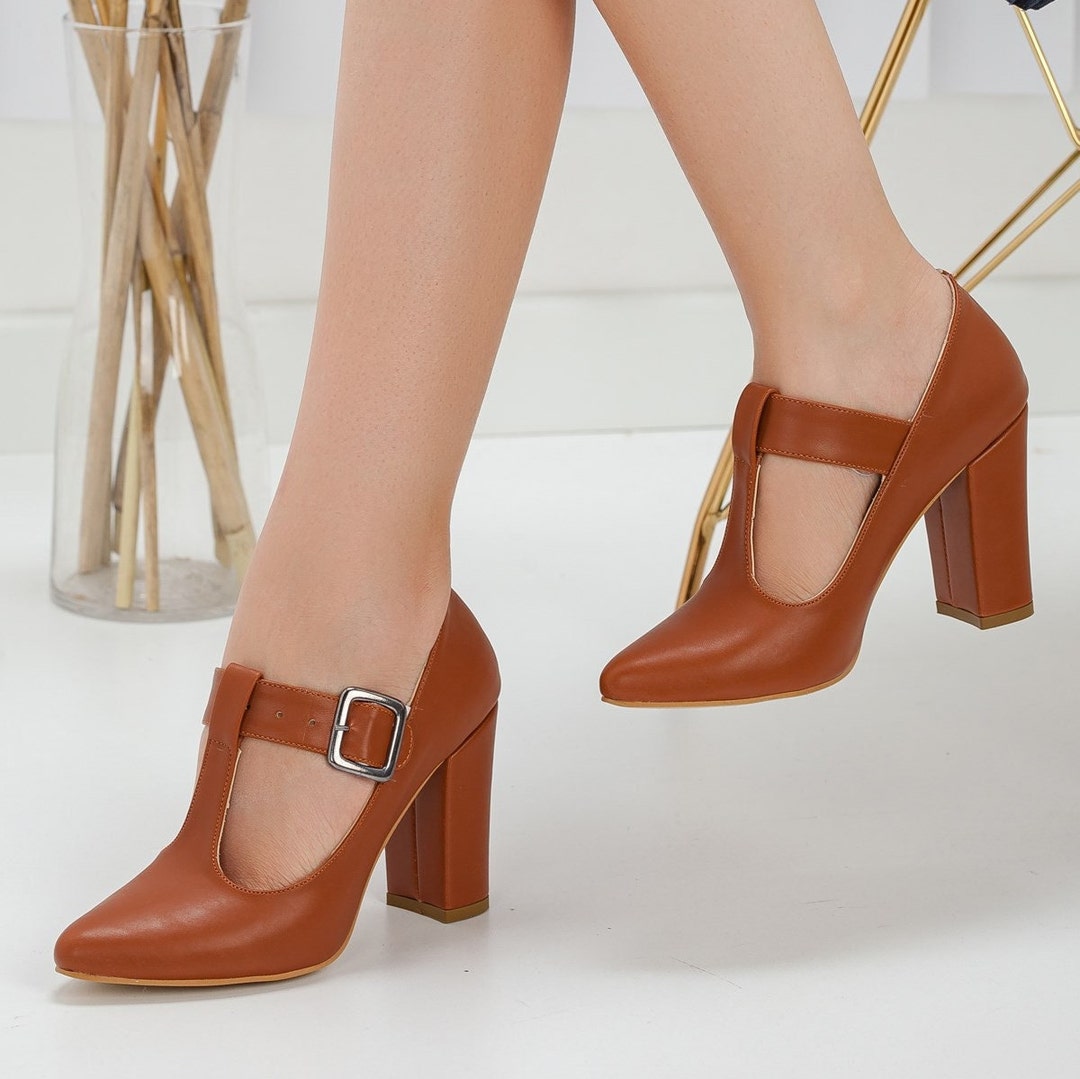 COPY - Women's Tan Pointy Toe Ankle Strap Block Heel | Ankle strap block  heel, Black block heels, Heels
