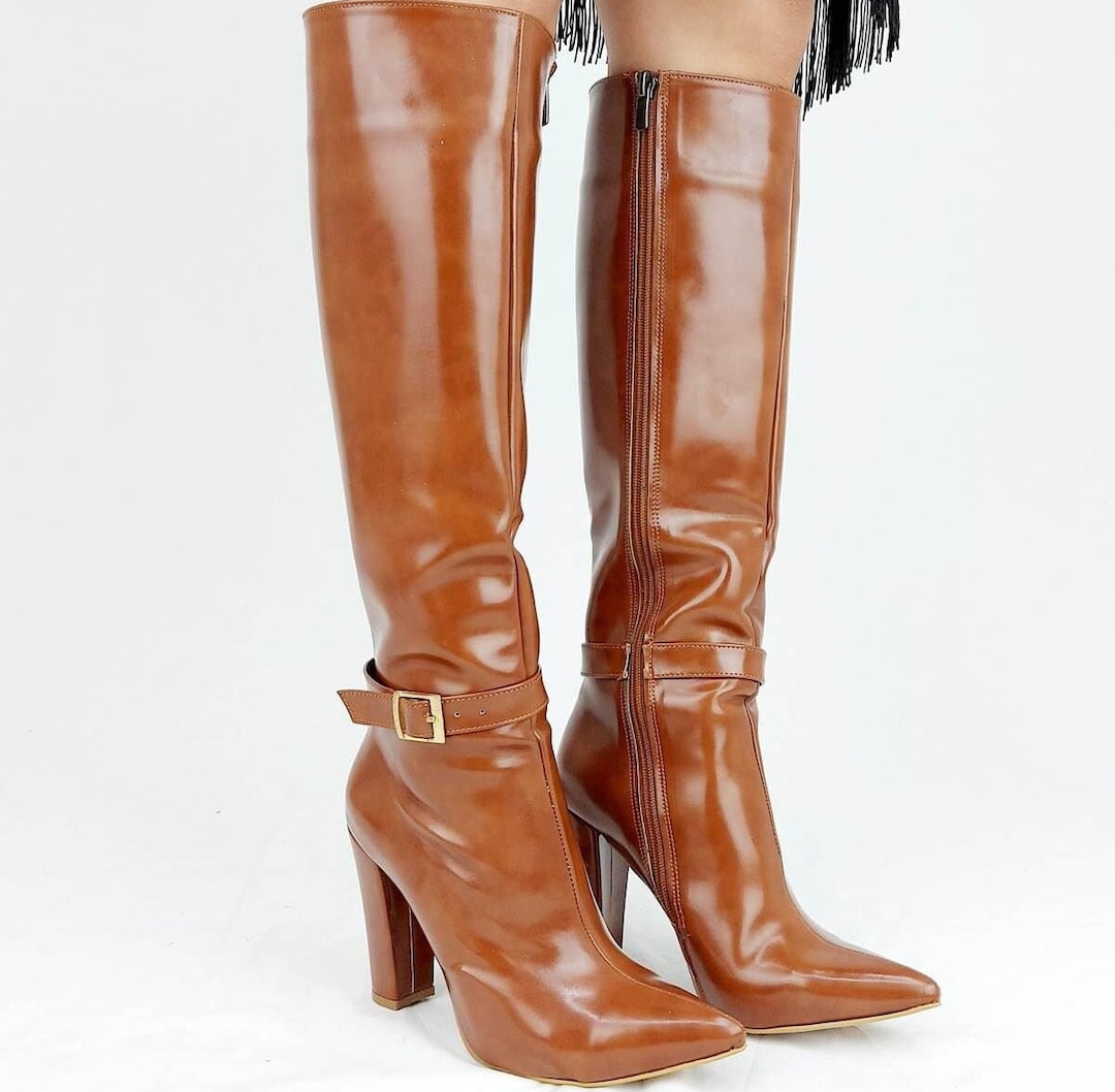 knee high brown leather boots with heel