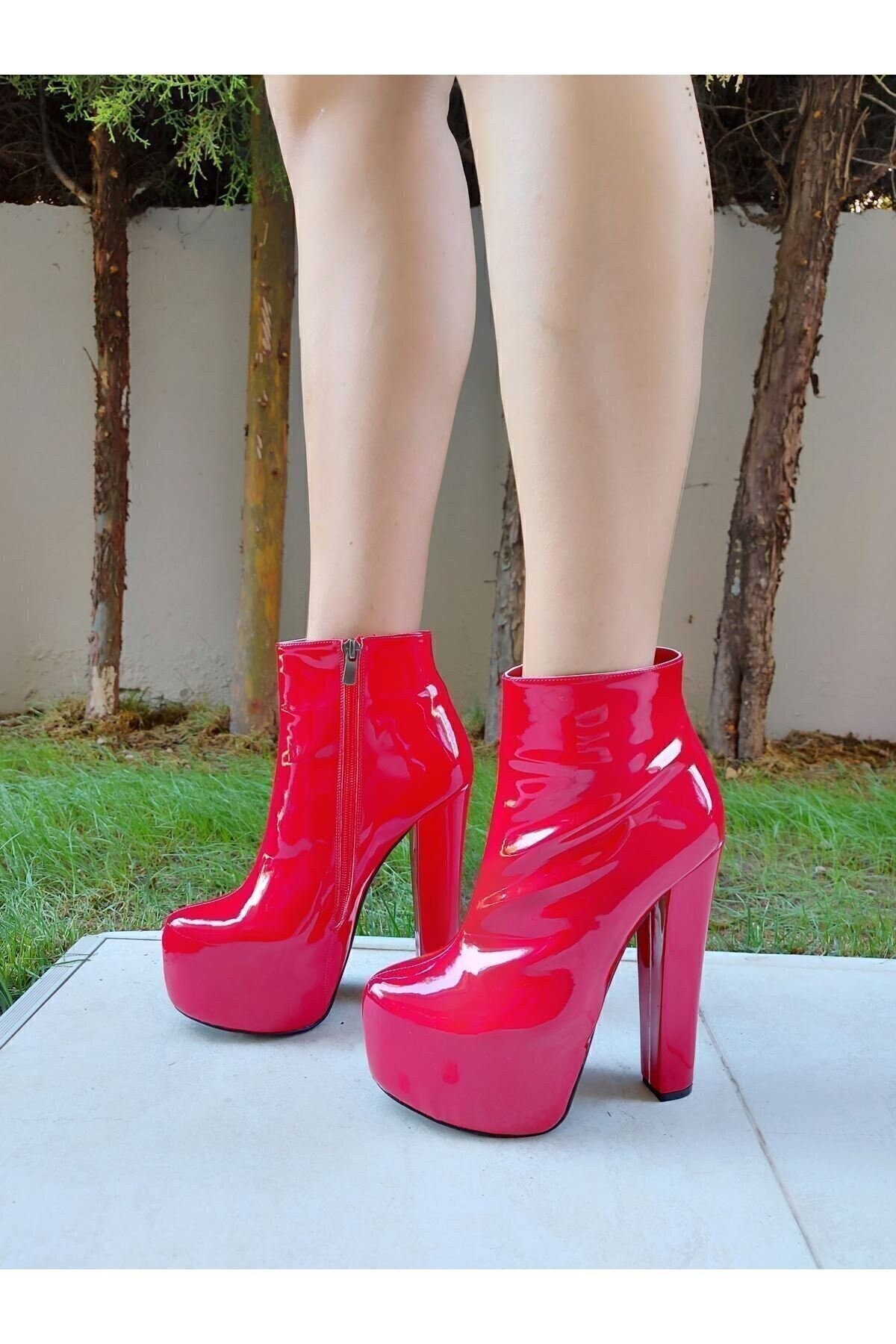 platform patent leather red booties