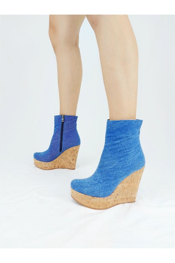 Blue Denim Boots Wedge Heels 