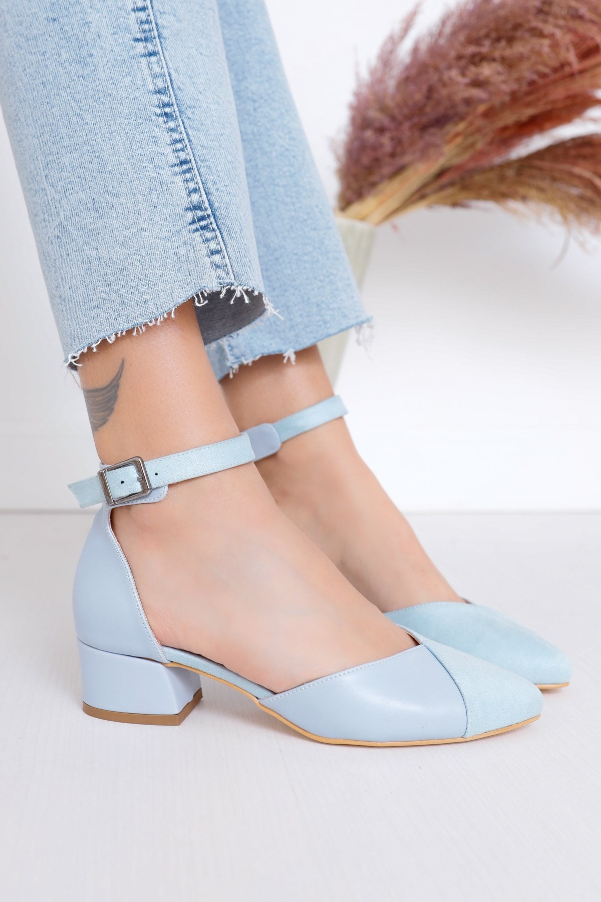 light blue fur heels