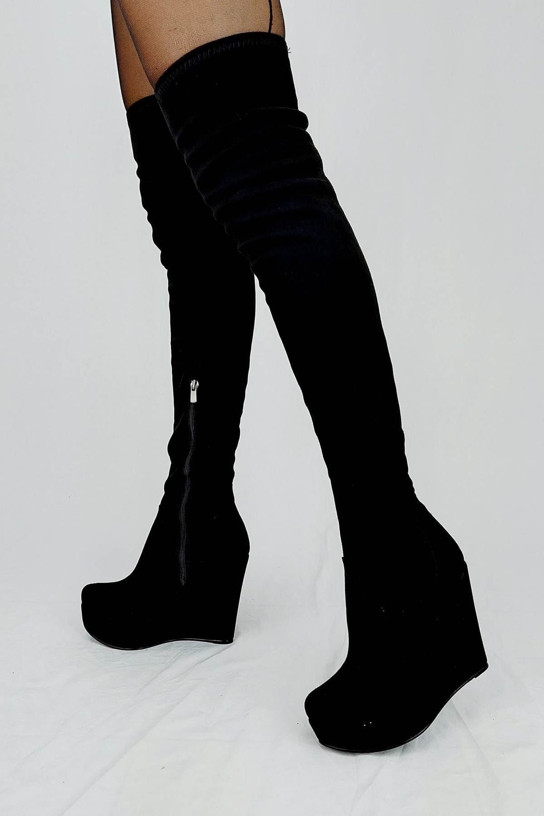 BLACK WEDGE BOOTS Over the Knee Boots With Side Zipper Vegan - Etsy