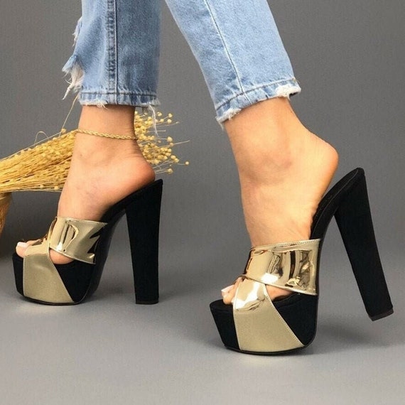 GOLD BLACK Vegan Platform Sandals 15 Cm Super High Heels for All Womens,  Wide Fit Street Fashion Trendy Open Platform Mules 