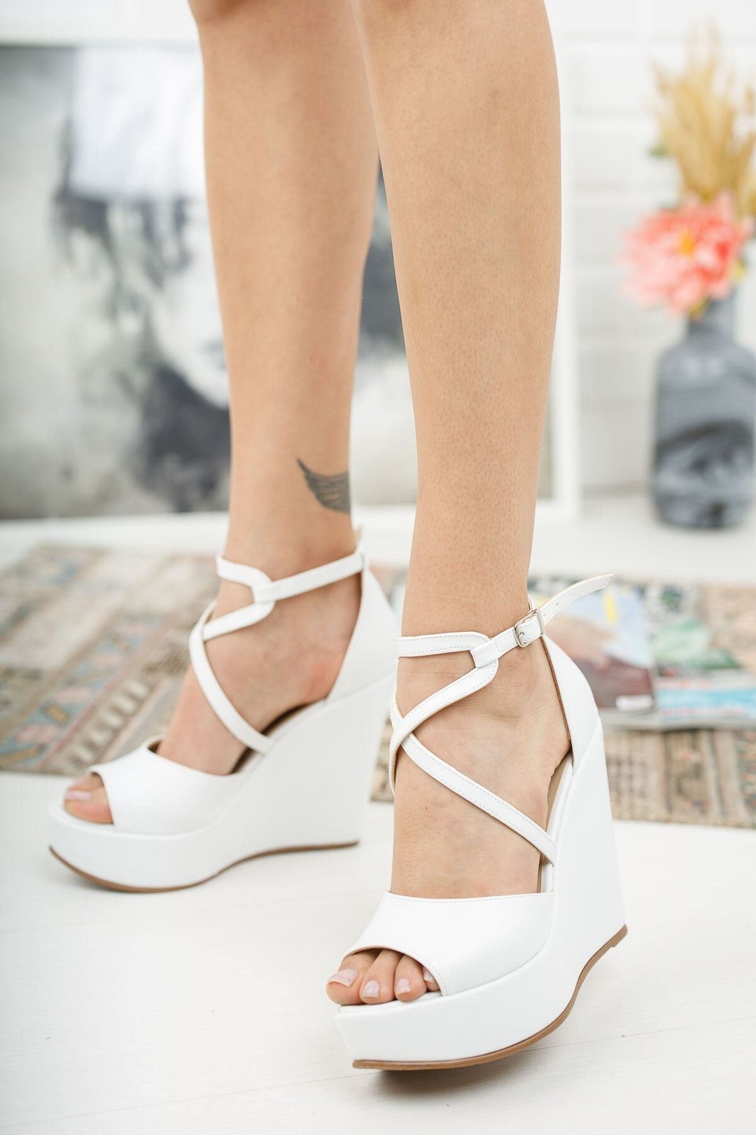 WHITE WEDGE HEELS Leather Heels Ankle-wrap Sandals White - Etsy