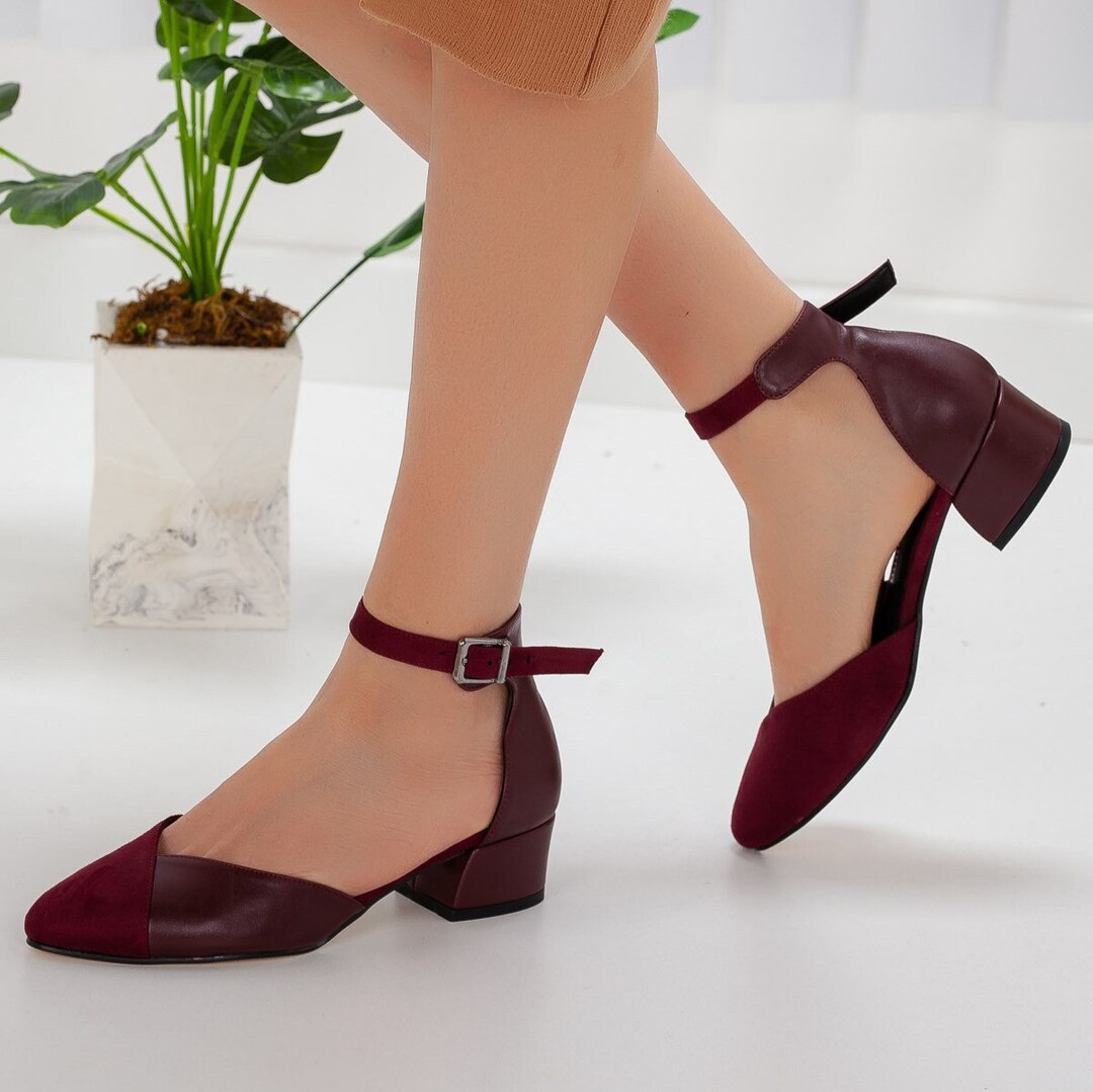 BURGUNDY WEDDING SHOES Bridal Block Heel Mary Jane Shoes Boho