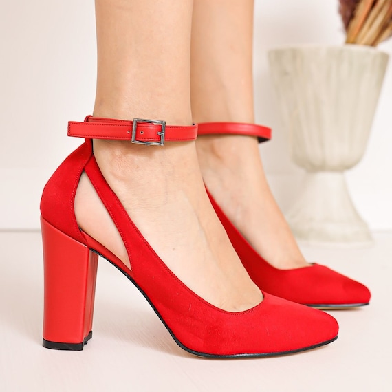 AUGE Red Block Heels, Red Heels, Red Wedding Shoes,Low Heel, Shoes For Girls