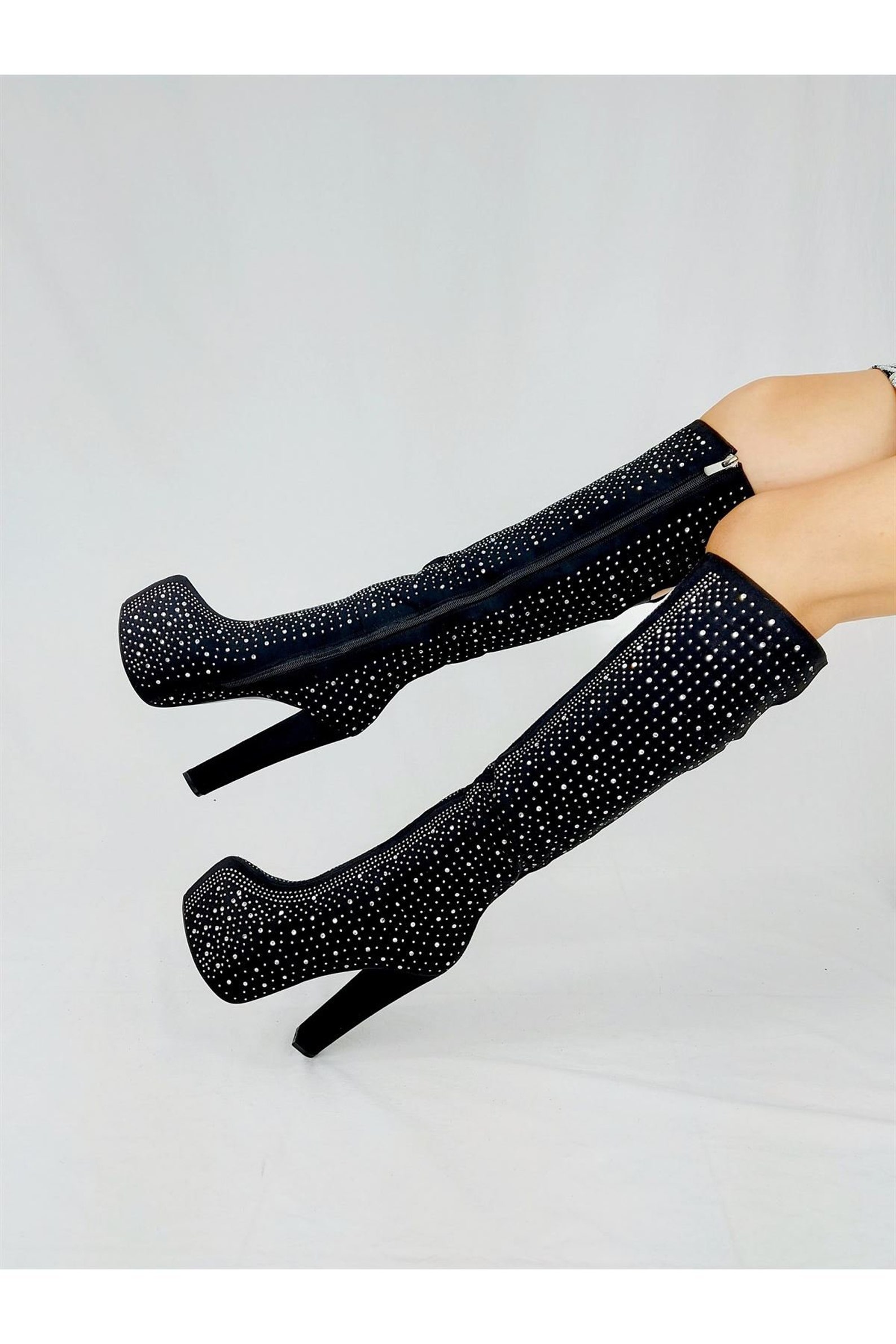 BLACK GLITTERY BOOTS Knee High Heel Boots With Glitters Etsy