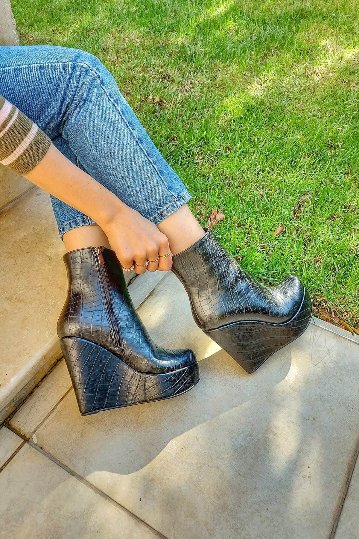 BLACK WEDGE BOOTS Black Crocodile Leather Boots Wedge Heels Etsy