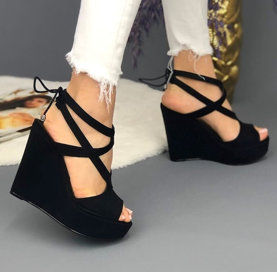 BLACK WEDGE HEELS, Criss Cross Strap Sandals, Suede Leather Heels,  Ankle-wrap Sandals, Black Open Toe Sandals, Strappy Vegan Leather Wedges 