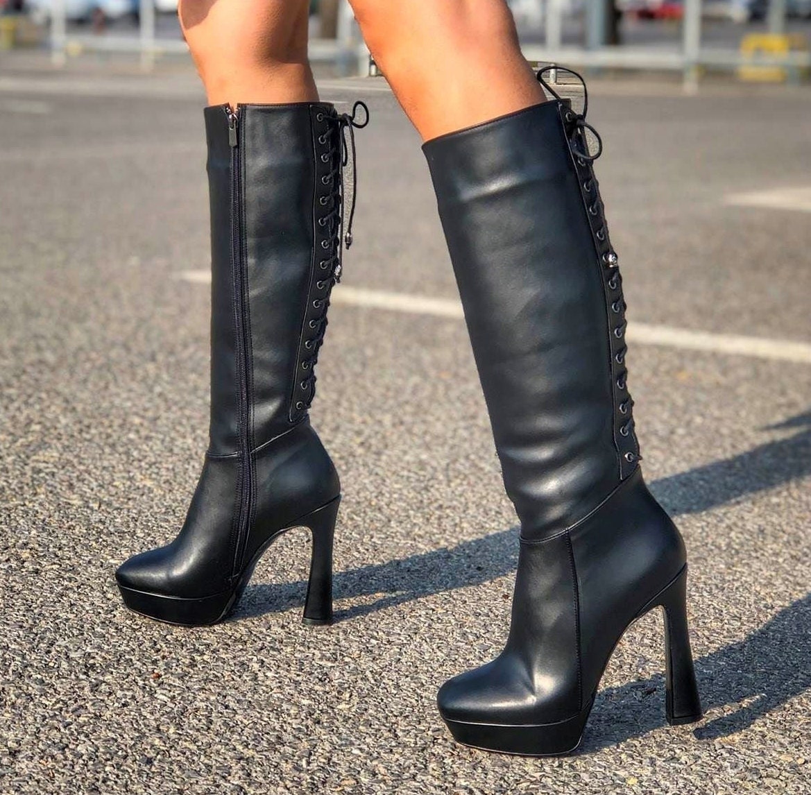 Black leather lace 2025 up knee high boots