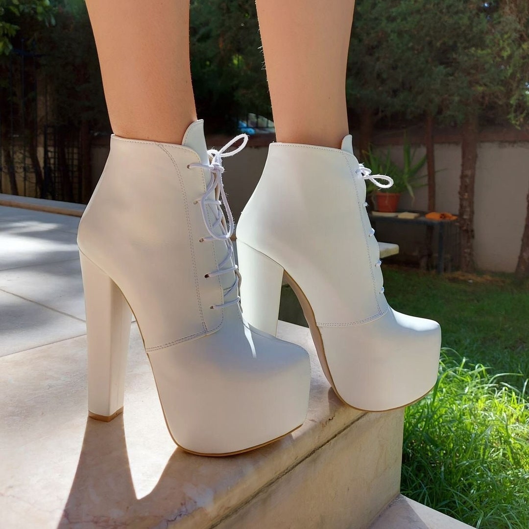 WHITE PLATFORM BOOTS White Leather Boots Platform Heel Boot - Etsy
