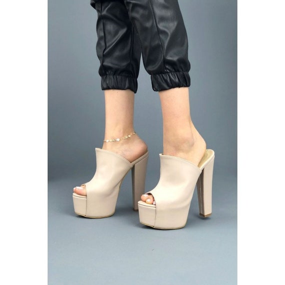 BEIGE Peep Toe Platform Mules Super 