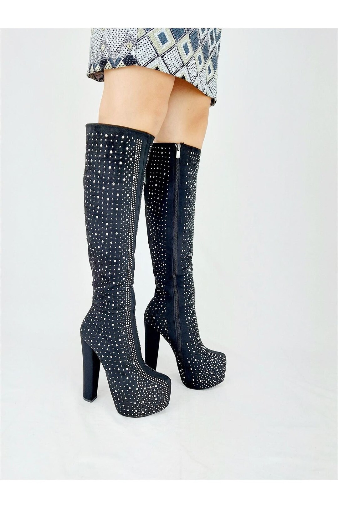 BLACK GLITTERY BOOTS Knee High Heel Boots With Glitters Etsy