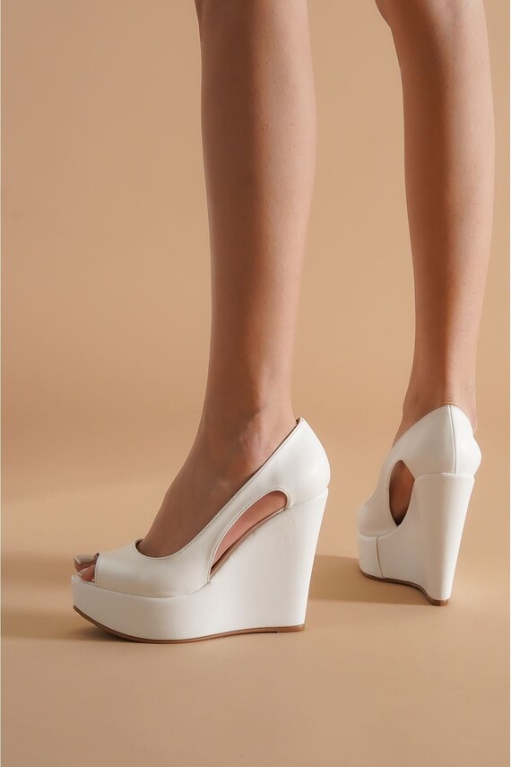 white wedge platform heels