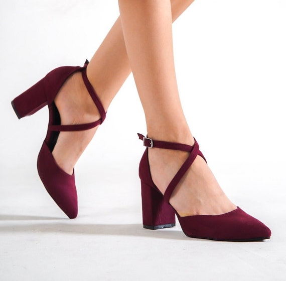 Amazon.com | katliu Women's Pointed Toe High Heels Pumps Stiletto Ankle  Strap Dress Pump Shoes with Bow Tie Burgundy Suede | Pumps