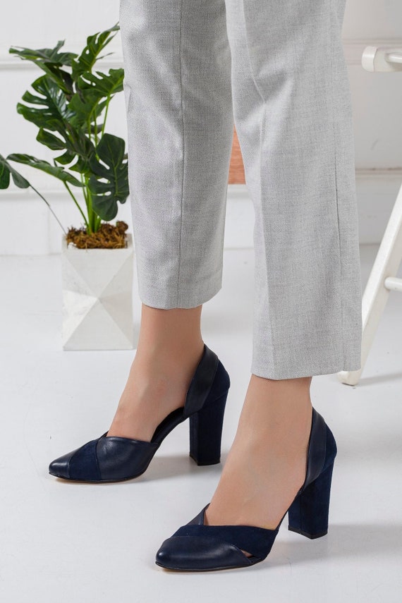 BLAUWE BOHO HAKKEN Marineblauw Vegan Suède Lederen Schoenen - Etsy Nederland