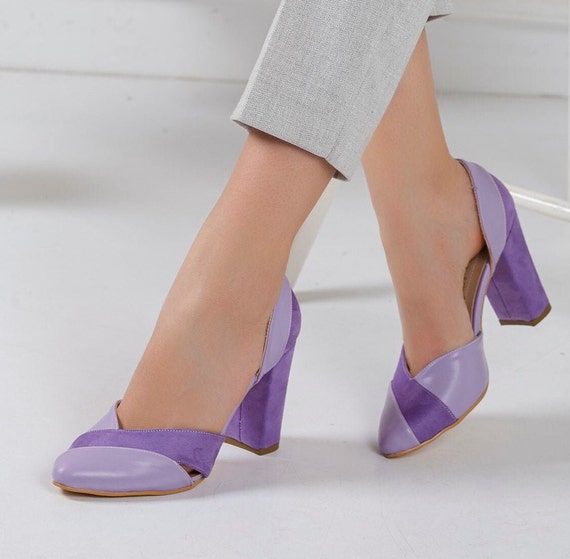 LILAC BOHO HEELS Lilac Vegan Suede Leather Shoes High Block Lady