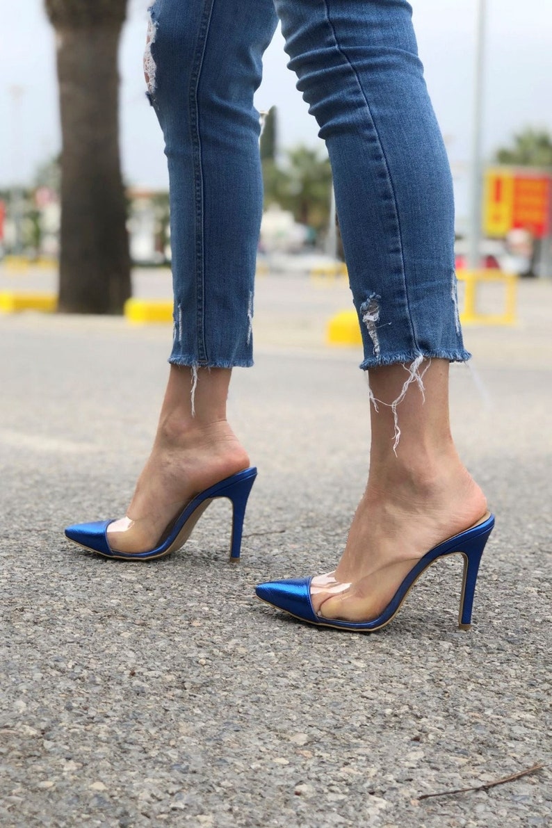 BLUE Point Toe Cross Clear Sandals Sax Blue Street Fashion - Etsy Israel