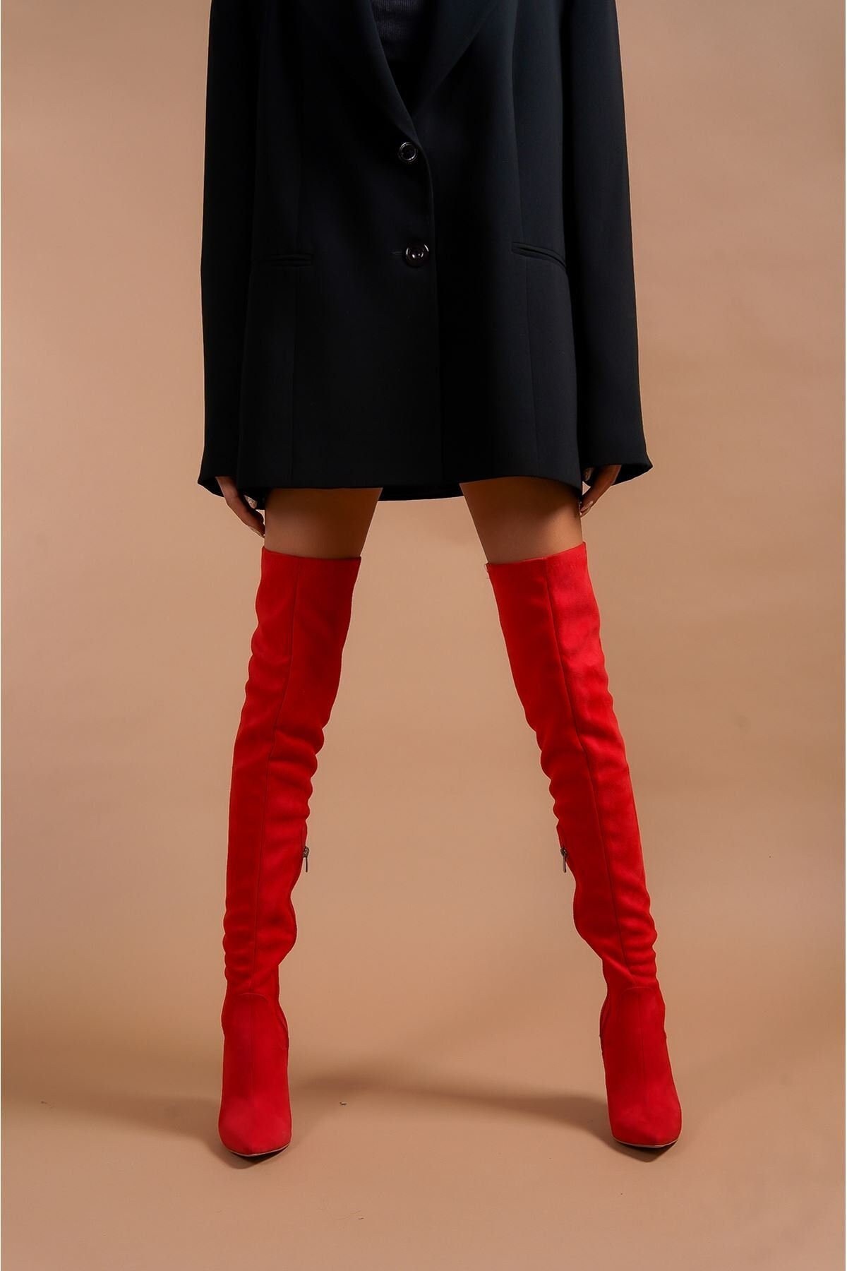 Red Long Boots, Over The Knee Boots with Side Zipper, Suede Leather Boots, Stiletto Heel Boots, Thigh High Boots