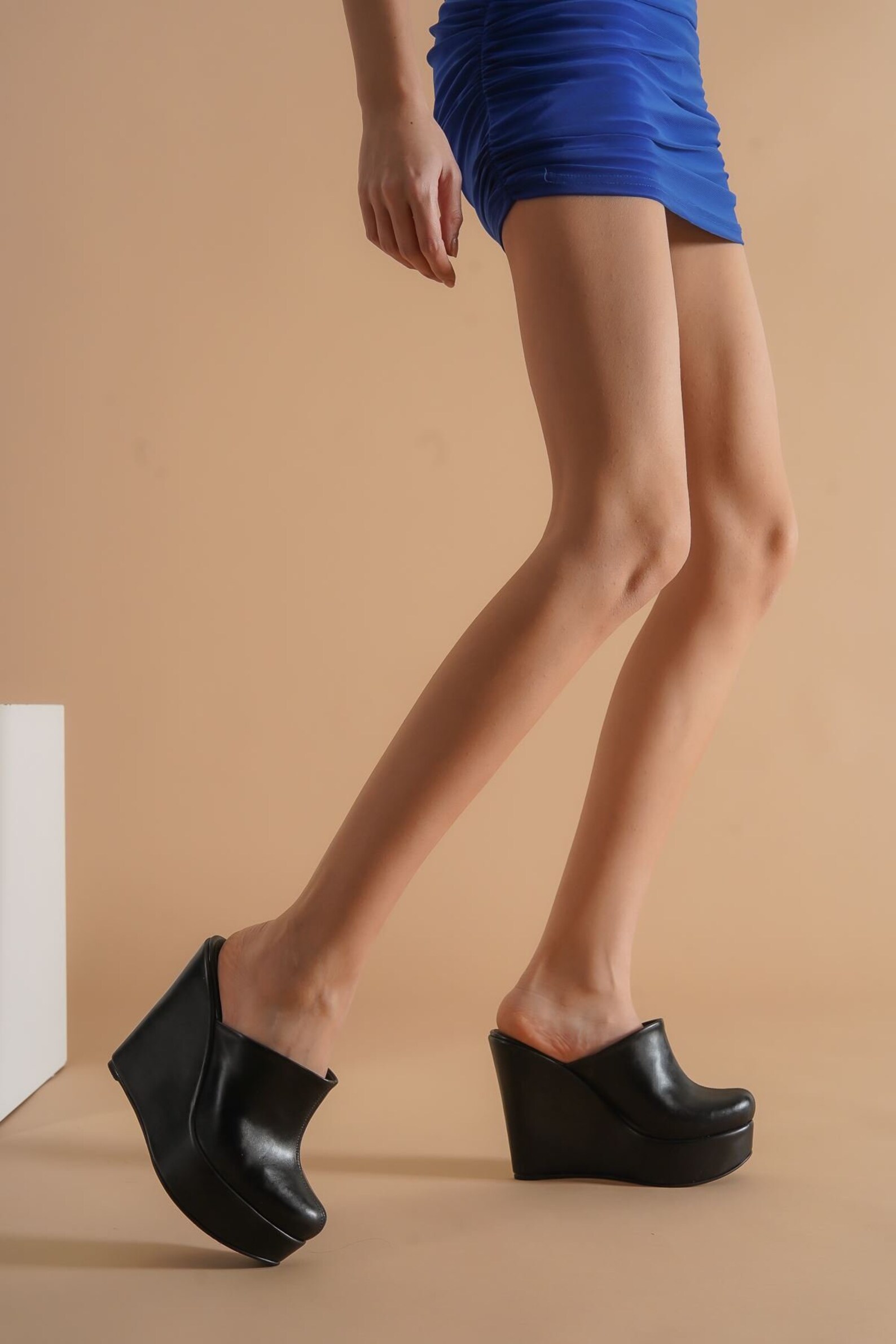 black leather wedge mules