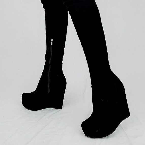 Over the knee cheap black wedge boots
