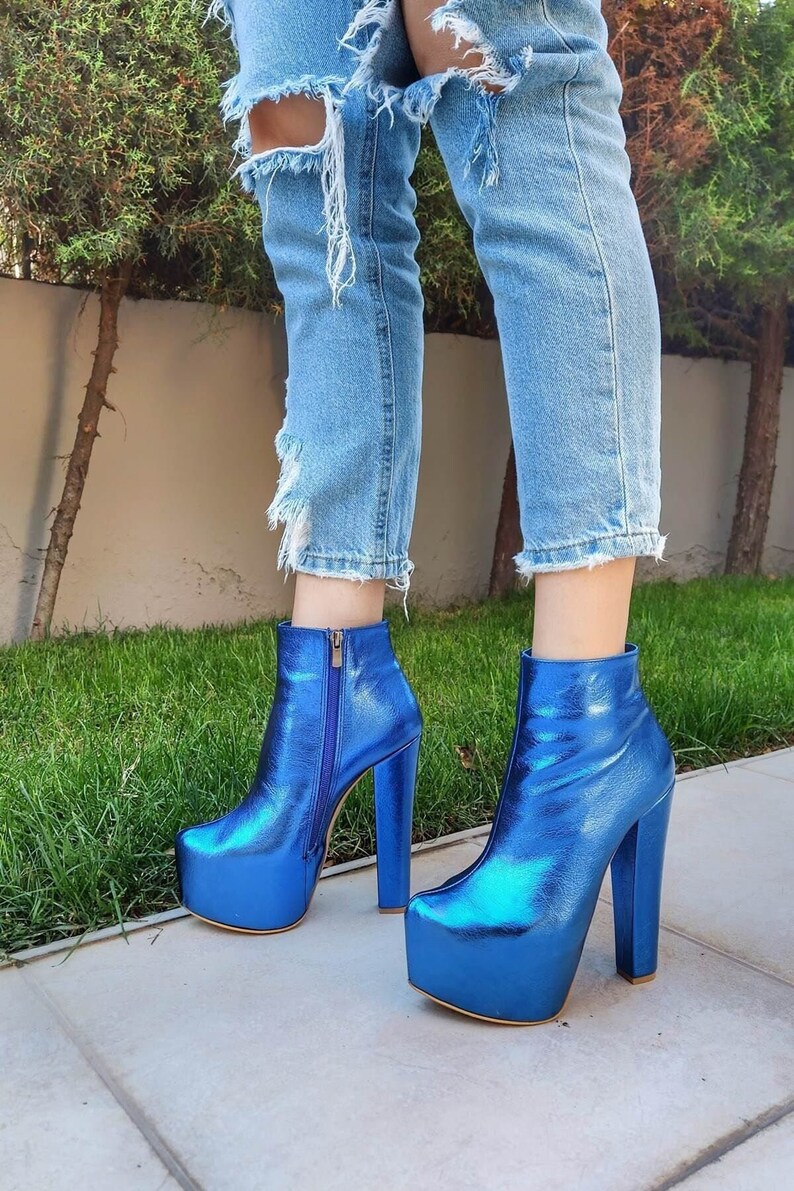 BLAUWE PLATFORM LAARZEN lederen enkellaarsjes platform - Etsy Nederland