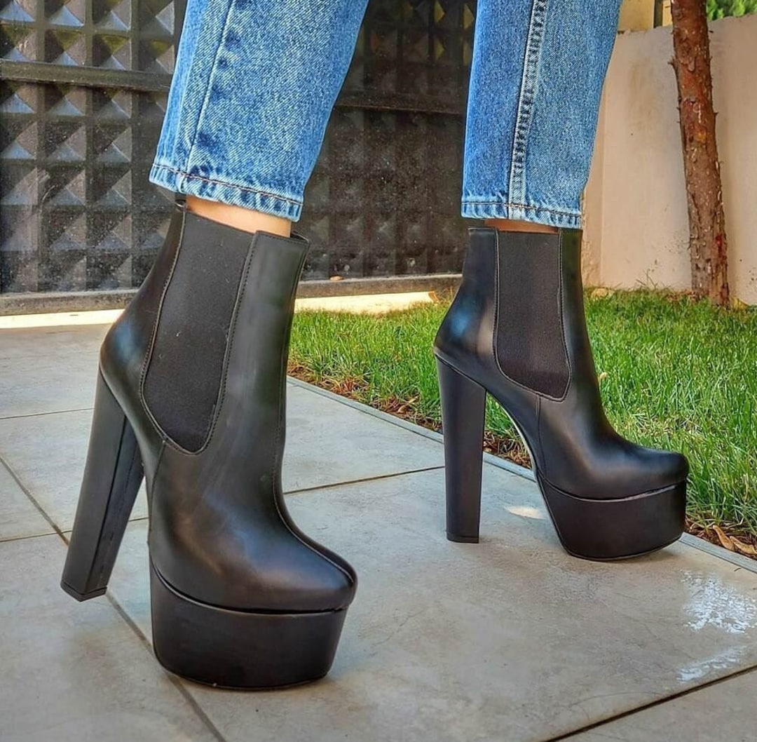 dominere Aubergine lejer BLACK PLATFORM BOOTS Slip-on Leather Ankle Boots Chelsea - Etsy Finland