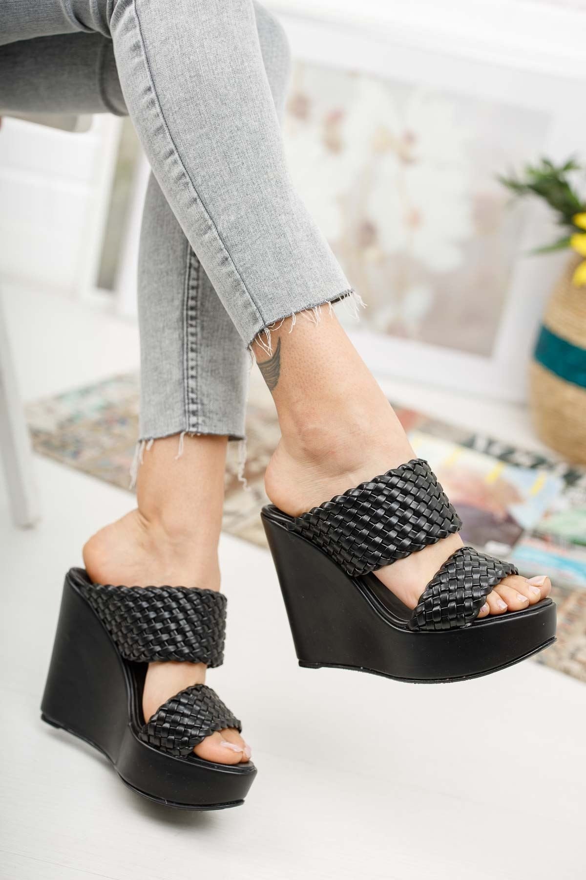 BLACK WEDGE MULES Double Strap Mules Black Leather Heels - Etsy