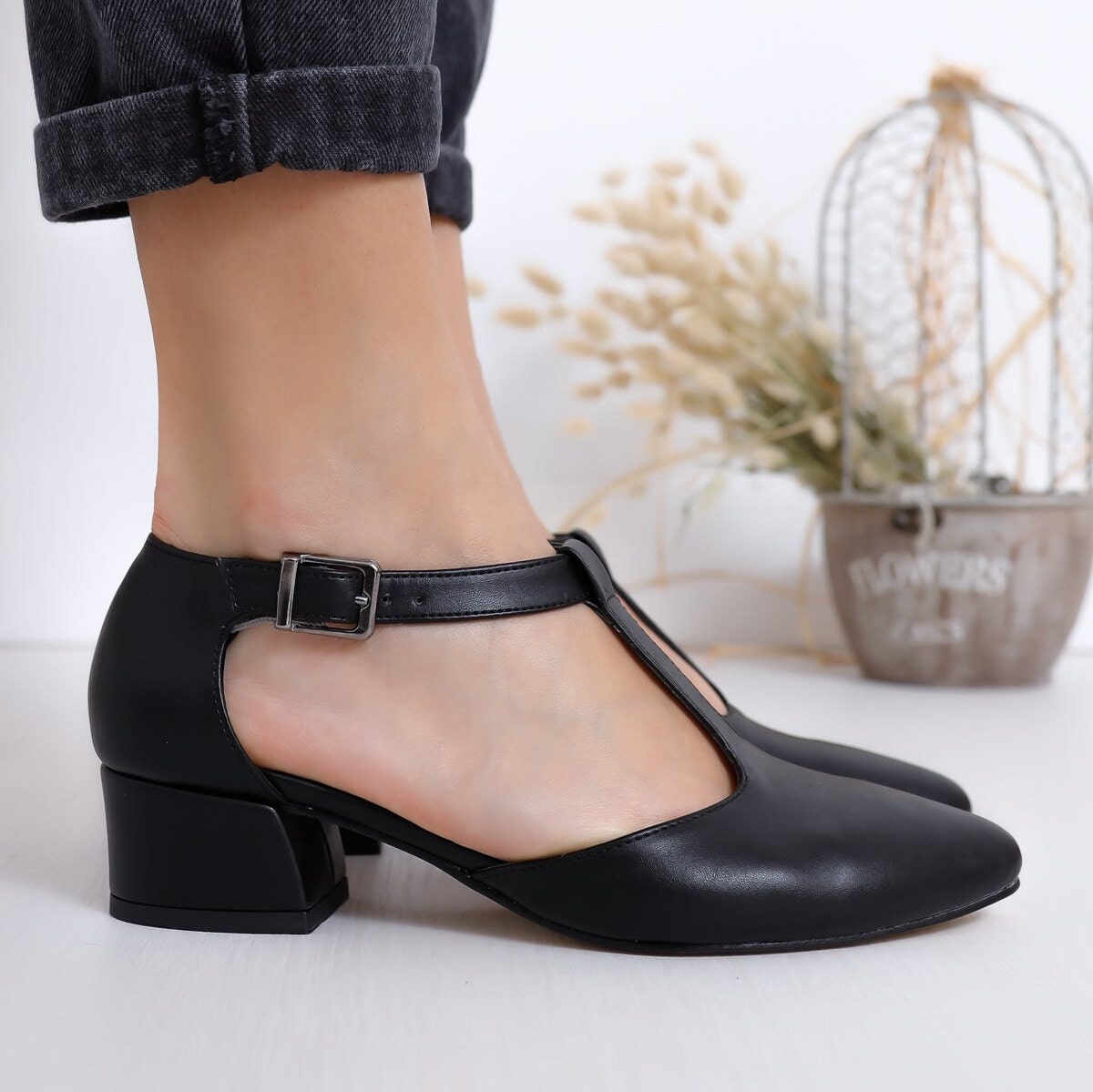Classic T-Strap Leather Shoes - Handmade, Vegan Leather, 5 cm Heel