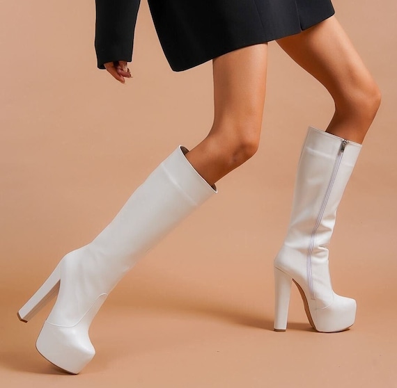 WHITE PLATFORM BOOTS Knee High Boots Vegan Leather Boots Heeled