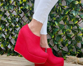 RED WEDGE BOOTS Red Suede Boots Wedge Heels With Side