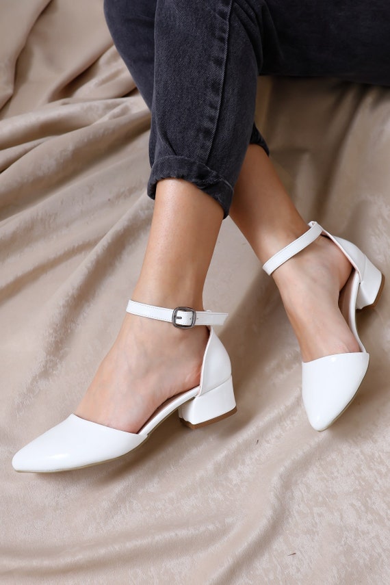 white wedding shoes low heel