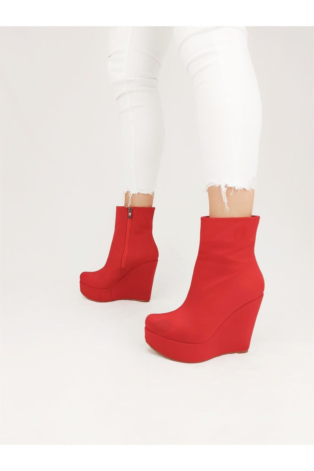 RED WEDGE BOOTS Red Suede Leather Boots Wedge Heels With - Etsy