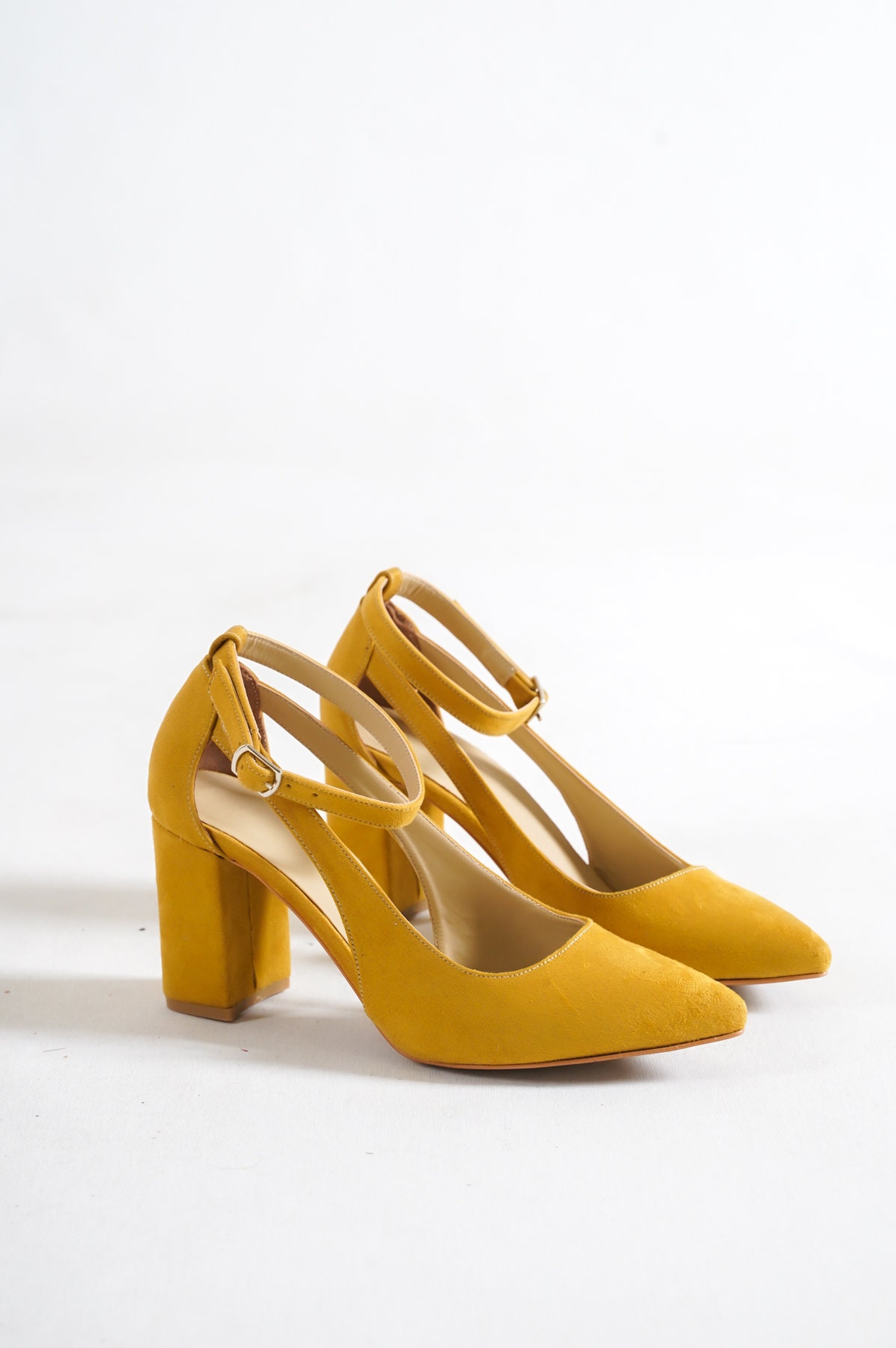 MUSTARD HEELS SHOE Yellow Bridal Block High Heel Mustard Ankle