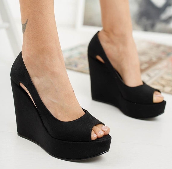 BLACK WEDGE HEELS, Suede Leather Heels, Black Platform Shoes