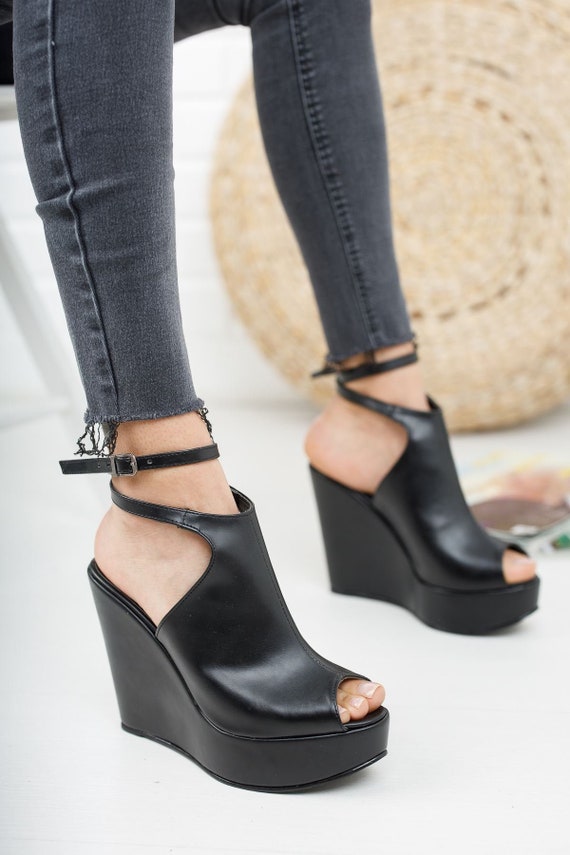 black platform wrap sandals