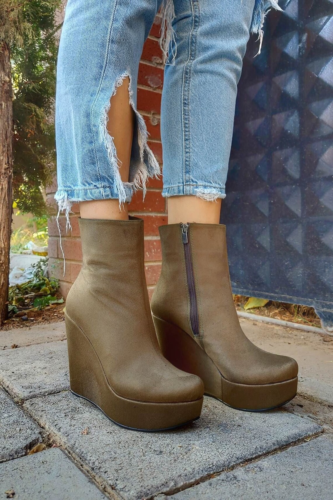 army green wedge boots