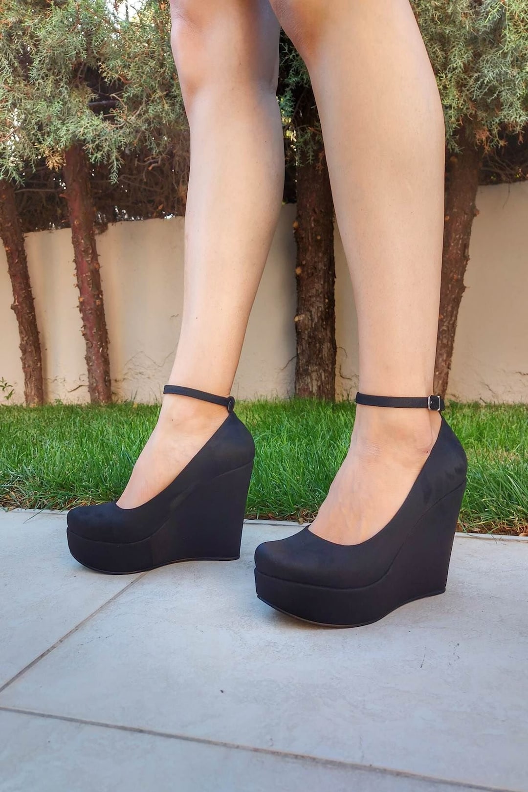 black suede wedge heels