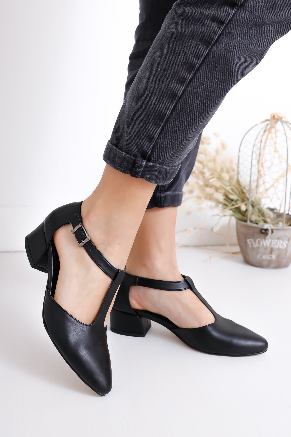 Classic T-Strap Leather Shoes - Handmade, Vegan Leather, 5 cm Heel