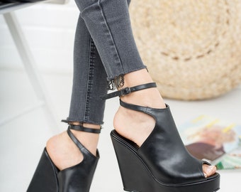 BLACK WEDGE HEELS Leather Heels Ankle 