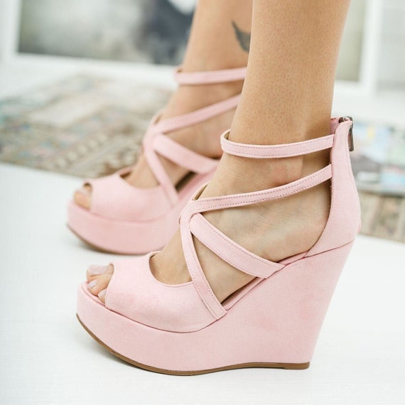 Baby Pink Long Lace Strappy High Heel Sandals | Totally Wicked Footwear