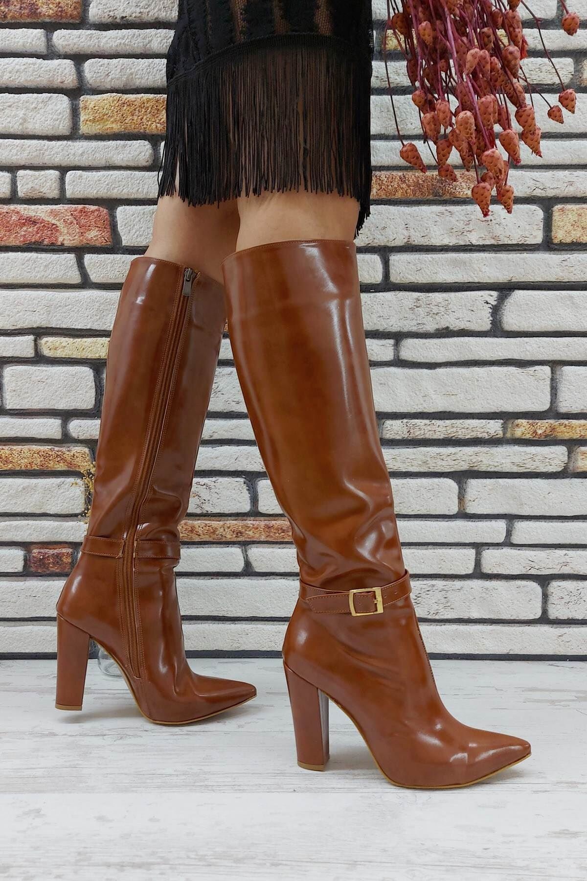 BROWN LEATHER BOOTS Knee High Heel 