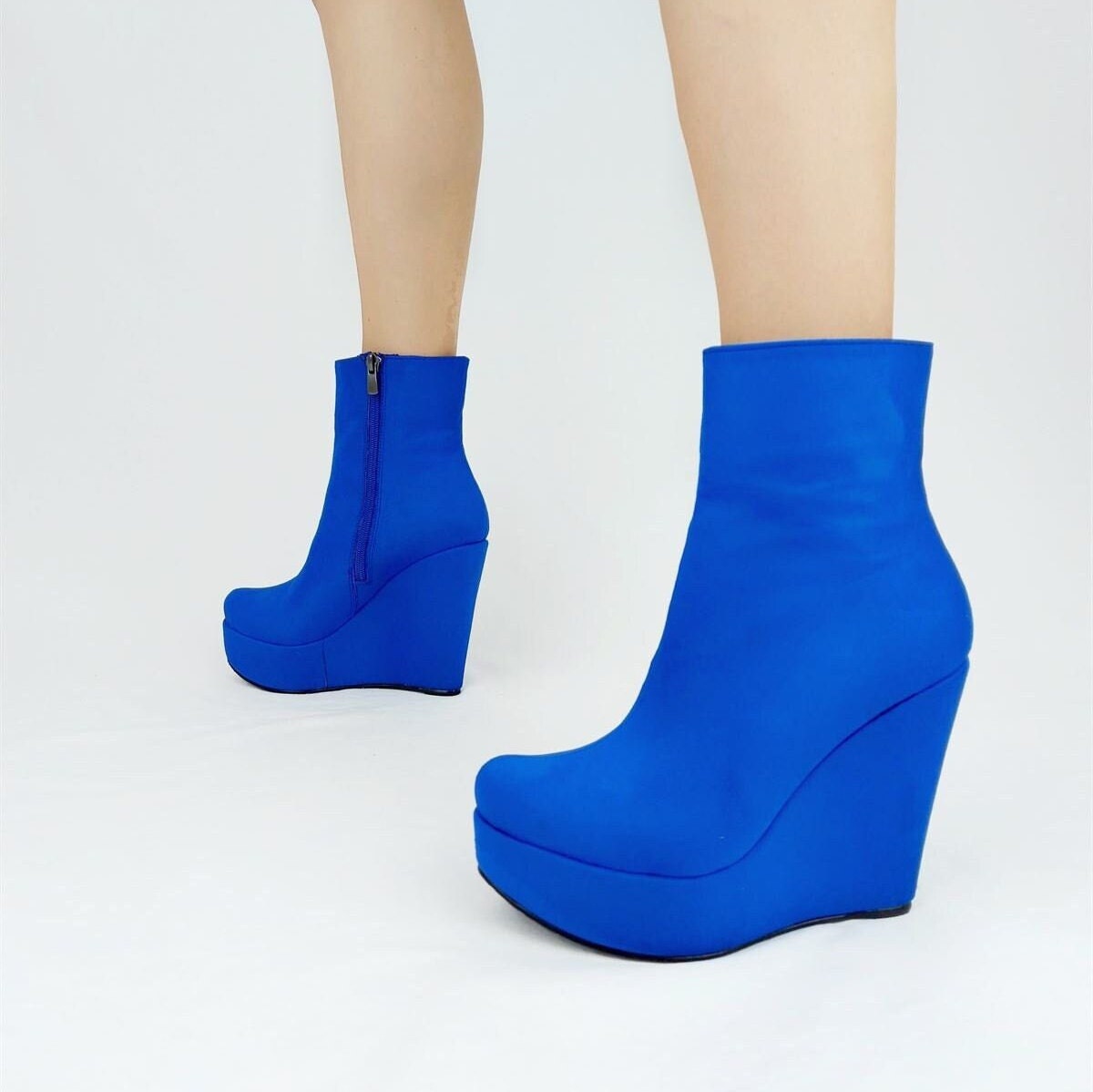 BLUE WEDGE BOOTS Blue Suede Leather Boots Wedge Heels With