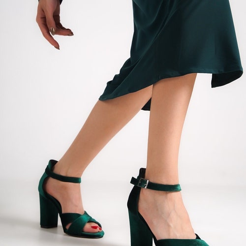 GREEN VELVET HEELS Emerald Green Bridal Block High Heels - Etsy