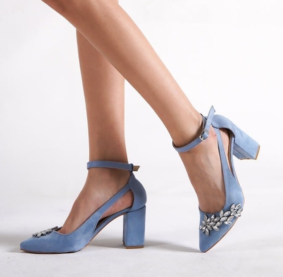 Crystal Bow Blue Block Heel Wedding Shoes | Bella Belle