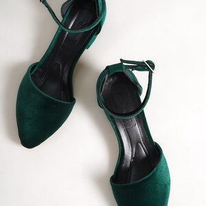 GREEN VELVET SHOES, Dark Green Low Heels Pumps, Emerald Green Ankle ...