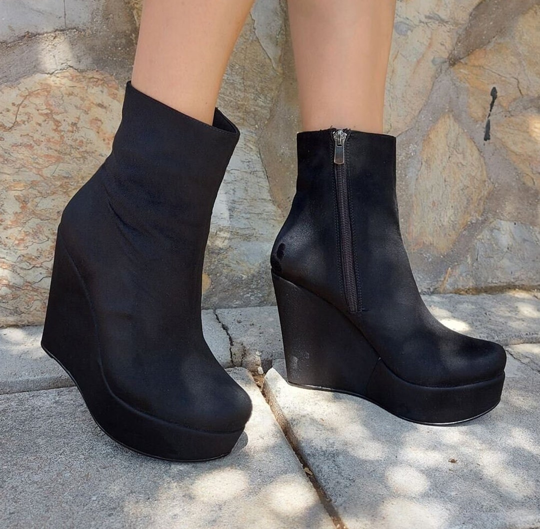 BLACK WEDGE BOOTS Black Suede Leather Boots Wedge Heels With - Etsy