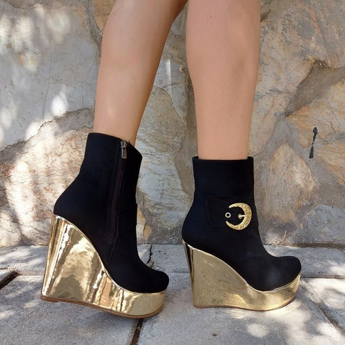 BLACK WEDGE BOOTS Black Suede Leather Boots Wedge Heels With - Etsy Israel