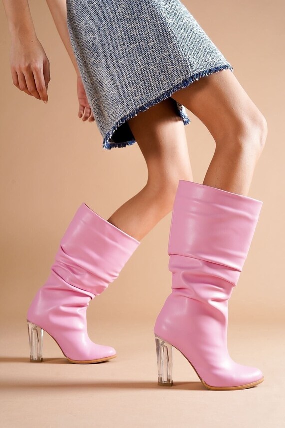 PINK SLOUCHY BOOTS Pink Heeled Long 