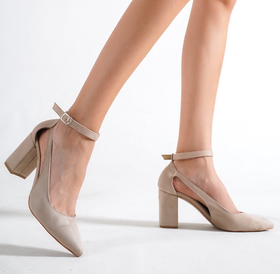 Lulus Macael cream square toe buckle ankle strap marble block heels 8 | eBay